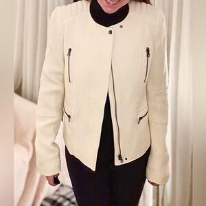 Vince Boucle Moto Jacket Cream Stretch Wool Blend.